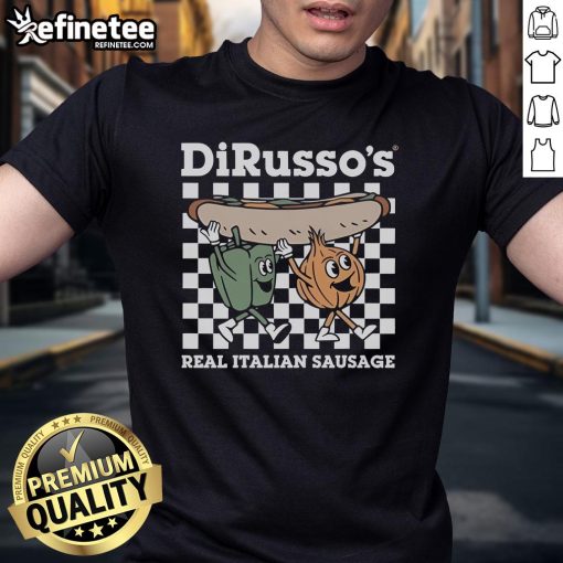 Official Dirusso's Pepper Onion Sausage Sandwich T-Shirt featuring vibrant design and bold colors for sausage lovers.