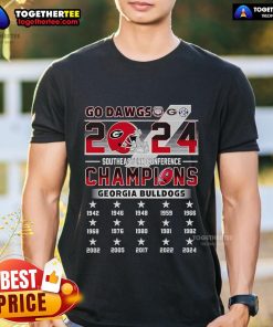Official Go Dawgs 2024 Southeastern Conference Champions Georgia Bulldogs T-Shirt featuring team colors and logo.