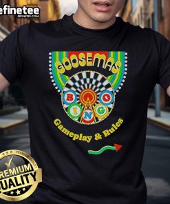 Official Goosemas Gameplay and Rules Bingo T-Shirt featuring festive design for fun holiday gatherings.