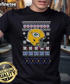 Official Green Bay Packers NFL football Christmas helmet t-shirt featuring festive design and team logo for holiday cheer.