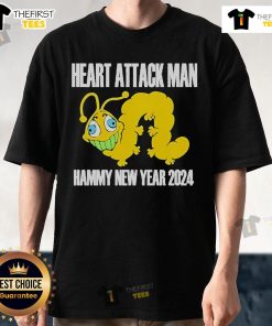 Alt Text: Official Heart Attack Man Hammy New Year 2024 T-Shirt featuring bold graphics and vibrant colors for a festive look.