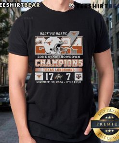 Official Hook 'Em Horns 2024 Lone Star Showdown Champions Texas T-Shirt featuring Texas logo and score 17-7.