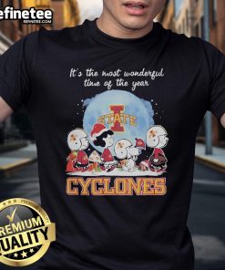 Alt Text: Iowa State Cyclones Christmas T-Shirt featuring Peanut characters, celebrating the festive season with team spirit.