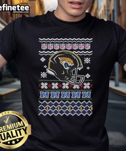 Alt Text: Official Jacksonville Jaguars NFL football Christmas helmet t-shirt featuring team colors and festive design for fans.