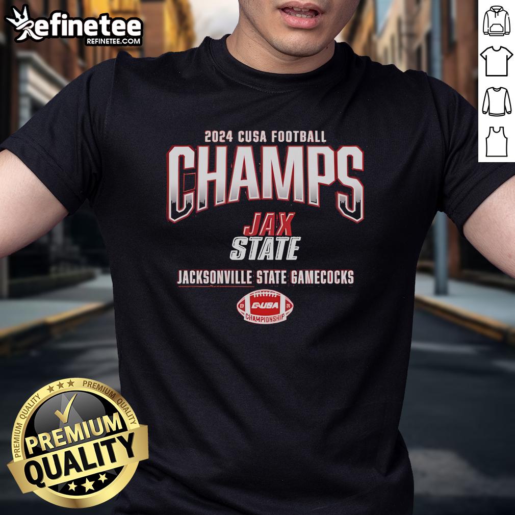 Official Jacksonville State Gamecocks 2024 C-USA Football Conference Champions Locker T-Shirt Official Jacksonville State Gamecocks 2024 C-USA Football Conference Champions Locker T-Shirt in team colors.