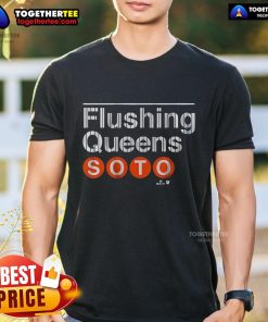 Official Juan Soto Subway Platform Sign T-Shirt featuring a vibrant design celebrating the star player from Flushing, Queens.