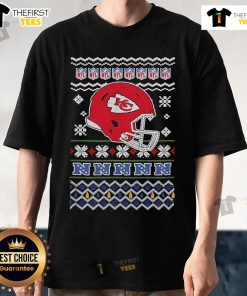 Official Kansas City Chiefs NFL Football Christmas helmet t-shirt featuring festive design for fans.