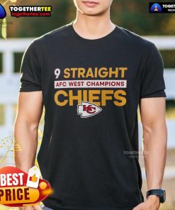 Alt Text: Official Kansas City Chiefs Nike T-Shirt celebrating Nine Straight AFC West Division Champions in bold red and gold design.