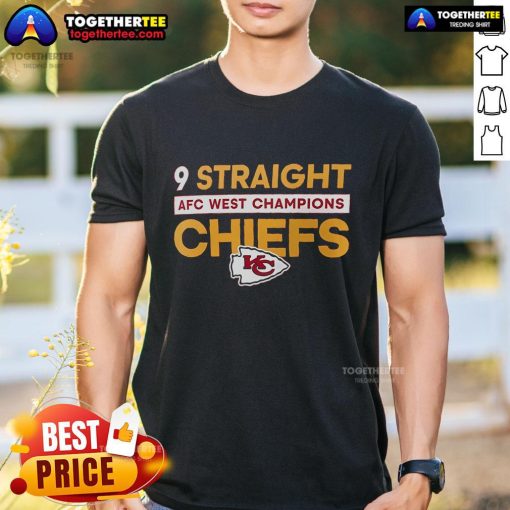 Alt Text: Official Kansas City Chiefs Nike T-Shirt celebrating Nine Straight AFC West Division Champions in bold red and gold design.
