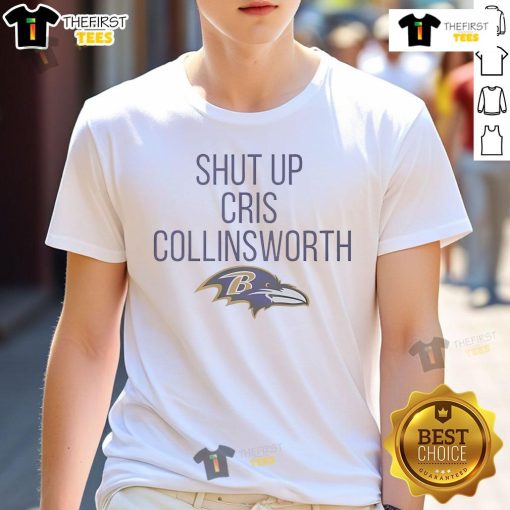 Official Lamar Jackson Baltimore Ravens 'Shut Up Cris Collinsworth' T-Shirt featuring bold graphics and team colors.