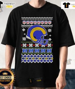 Official Los Angeles Rams NFL Football Christmas helmet T-shirt featuring festive design and team colors for holiday cheer.