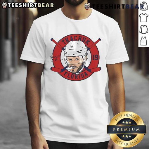 Alt Text: Official Matthew Tkachuk Florida Panthers Floating Head 2.0 Signature T-Shirt featuring vibrant team colors and design.