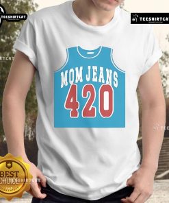 Official Mom Jeans 420 Jersey T-Shirt displayed on a hanger, featuring a trendy design and comfortable fabric for casual wear.