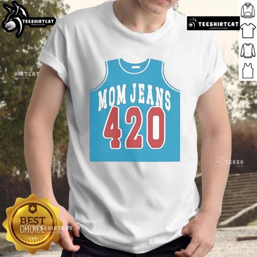 Official Mom Jeans 420 Jersey T-Shirt displayed on a hanger, featuring a trendy design and comfortable fabric for casual wear.