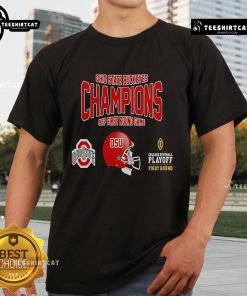 Official Ohio State Buckeyes Champions CFP First Round Game T-shirt showcasing OSU pride in college football playoffs.