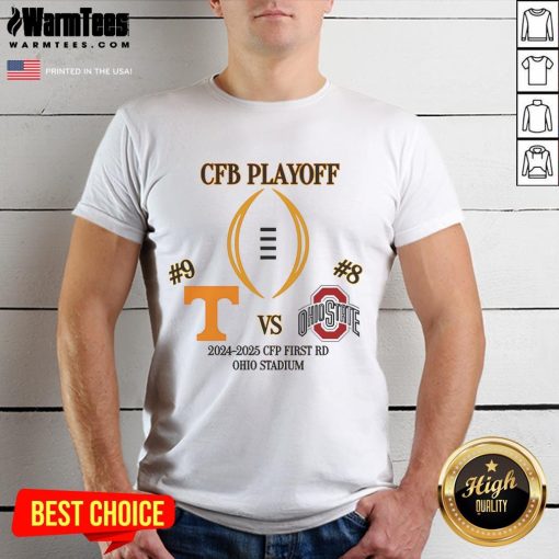 Official Ohio State vs Tennessee Football 2024-2025 CFP Playoff First Round T-Shirt featuring team logos and vibrant design.