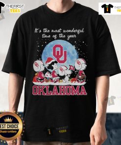 Official Oklahoma Sooners Christmas T-Shirt featuring Peanut characters and 'Its The Most Wonderful Time Of The Year' slogan.