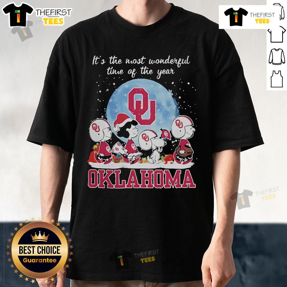 Official Oklahoma Sooners It The Most Wonderful Time Of The Year Peanut Characters Christmas T-Shirt Official Oklahoma Sooners Christmas T-Shirt featuring Peanut characters and 'Its The Most Wonderful Time Of The Year' slogan.