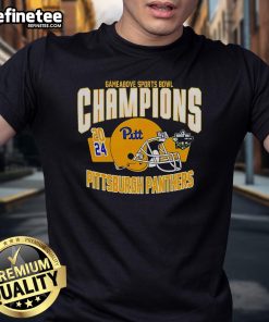 Alt Text: Official Pittsburgh Panthers Football 2024 Game T-Shirt celebrating Sports Bowl Champions with vibrant team colors.