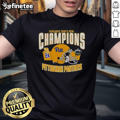 Alt Text: Official Pittsburgh Panthers Football 2024 Game T-Shirt celebrating Sports Bowl Champions with vibrant team colors.