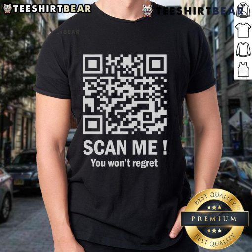 Official QR Scan Me Trump 45 47 Tee featuring Trump dancing with a QR code design for supporters and fans.