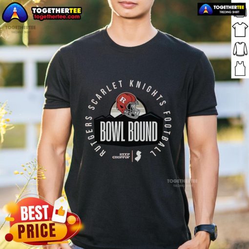 Alt Text: Official Rutgers Scarlet Knights Football 2024 Rate Bowl Bound T-Shirt featuring team colors and logo design.