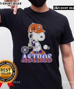Alt Text: Official Snoopy Playing Baseball Houston Astros T-Shirt featuring Snoopy in Astros gear for baseball fans.