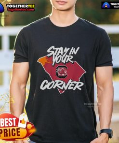 Alt Text: Official South Carolina Football Stay In Your Corner T-Shirt featuring bold graphics and team colors for fans.