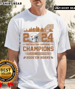 Alt Text: 2024 Texas Longhorns Southeastern Conference Champions T-Shirt featuring 'Hook 'Em Horns' design.