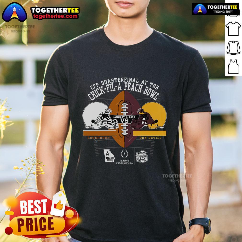 Official Texas Longhorns Vs Arizona State Sun Devils Peach Bowl 2025 T Shirt Official Texas Longhorns vs Arizona State Sun Devils Peach Bowl 2025 T-shirt featuring team logos and vibrant design.