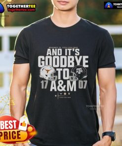 Official Texas Longhorns vs Texas A&M Aggies 2024 Lone Star Showdown Goodbye T-Shirt featuring team logos and score.