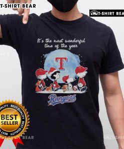 Official Texas Rangers Christmas T-Shirt featuring Peanut characters and 'Its The Most Wonderful Time Of The Year' design.