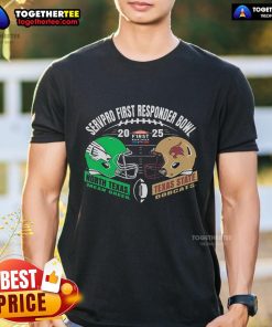 Official Texas State Bobcats vs North Texas Mean Green University Football 2025 T-Shirt featuring team logos and vibrant colors.