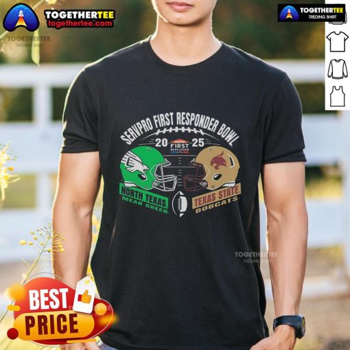 Official Texas State Bobcats vs North Texas Mean Green University Football 2025 T-Shirt featuring team logos and vibrant colors.