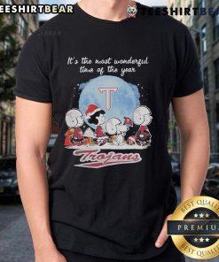 Official Troy Trojans Christmas T-Shirt featuring Peanut characters and 'Its The Most Wonderful Time Of The Year' design.