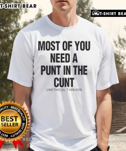 Unethical Threads 'Most Of You Need A Punt In The Cunt' T-Shirt design featuring bold typography and playful graphics.