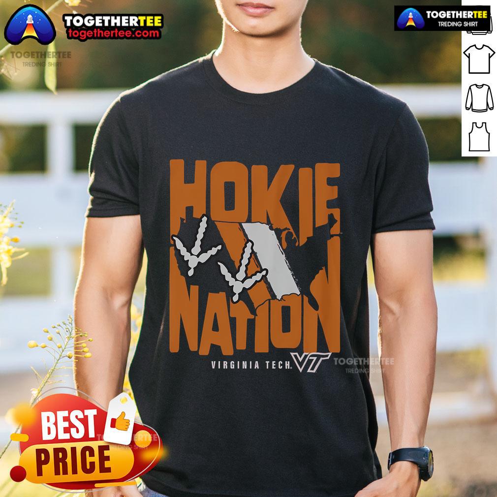 Official Virginia Tech Hokies Nation T Shirt Alt Text: Official Virginia Tech Hokies Nation T-Shirt featuring the Hokies logo in maroon and orange, perfect for fans.