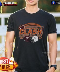 Official Virginia Tech Hokies vs Virginia Cavaliers 2024 Commonwealth Clash score t-shirt showcasing team logos and score.