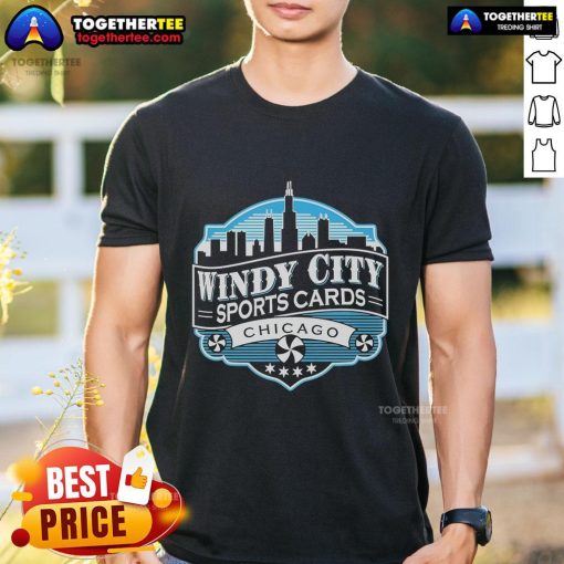 Alt Text: Official Windy City Sports Cards Chicago T-Shirt featuring vibrant graphics and a comfortable fit for sports fans.