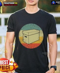 Premium Cardboard Box Vintage Retro Sunset T-Shirt featuring a colorful sunset design on a stylish tee.