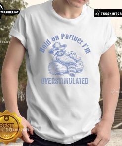 Vintage Premium Hold On Partner I'M Overstimulated Cowboy Raccoon T-Shirt showcasing a playful raccoon design.