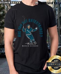 Alt Text: Premium Macklin Celebrini Are You Not Entertained T-Shirt showcasing a stylish design for fans and casual wear.
