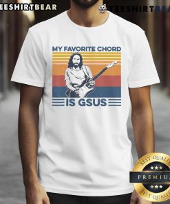 Premium My Favorite Chord Is Gsus Jesus Playing Guitar T-Shirt design featuring a guitar and playful text for music lovers.