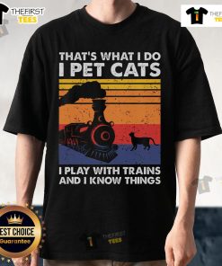 Premium t-shirt featuring 'That's What I Do I Pet Cats I Play With Trains' design, perfect for cat lovers and model train enthusiasts.