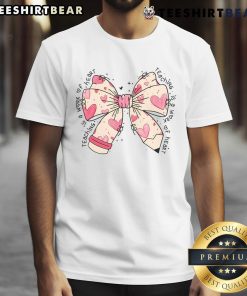 Pretty Bow Pencil T-Shirt for Teachers: 'Teaching Is A Work Of Heart' Valentines Day design, perfect for educators.