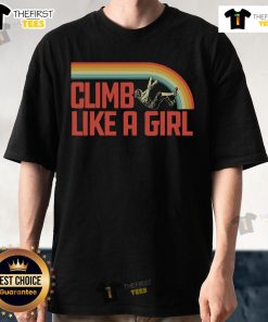 Retro 80s rock climbing t-shirt featuring 'Climb Like A Girl' design, perfect for bouldering enthusiasts and female climbers.