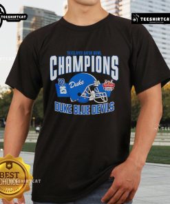 Alt Text: 2025 Taxslayer Gator Bowl Champions T-Shirt featuring Duke Blue Devils Football logo and design.