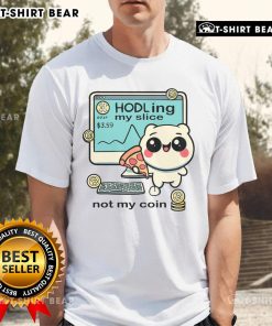 Pretty woman wearing a Bitcoin t-shirt while holding a pizza slice, showcasing fun crypto-themed apparel.