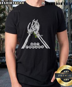 Alt Text: Pretty Skeleton Hand Hot Freaks Sweaty Bones T-Shirt featuring a vibrant skeleton graphic on a stylish tee.