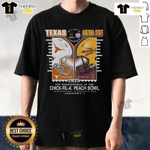 Alt Text: Texas Longhorns vs Arizona State Sun Devils 2025 CFP Quarter Final Peach Bowl T-Shirt design for January 1.